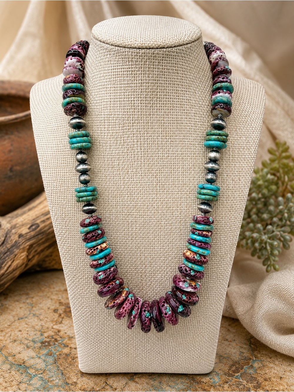 Artisan Purple Spiny Oyster Turquoise Sterling Navajo Pearl Necklace 18” NWOT 99